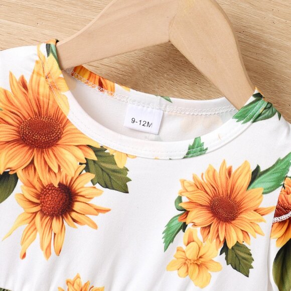 2T 3T Baby Girl Sunflower Outfit Set | Ruffle Sleeve Top + Denim (9-12M, 2T, 3T) - Picture 2 of 10